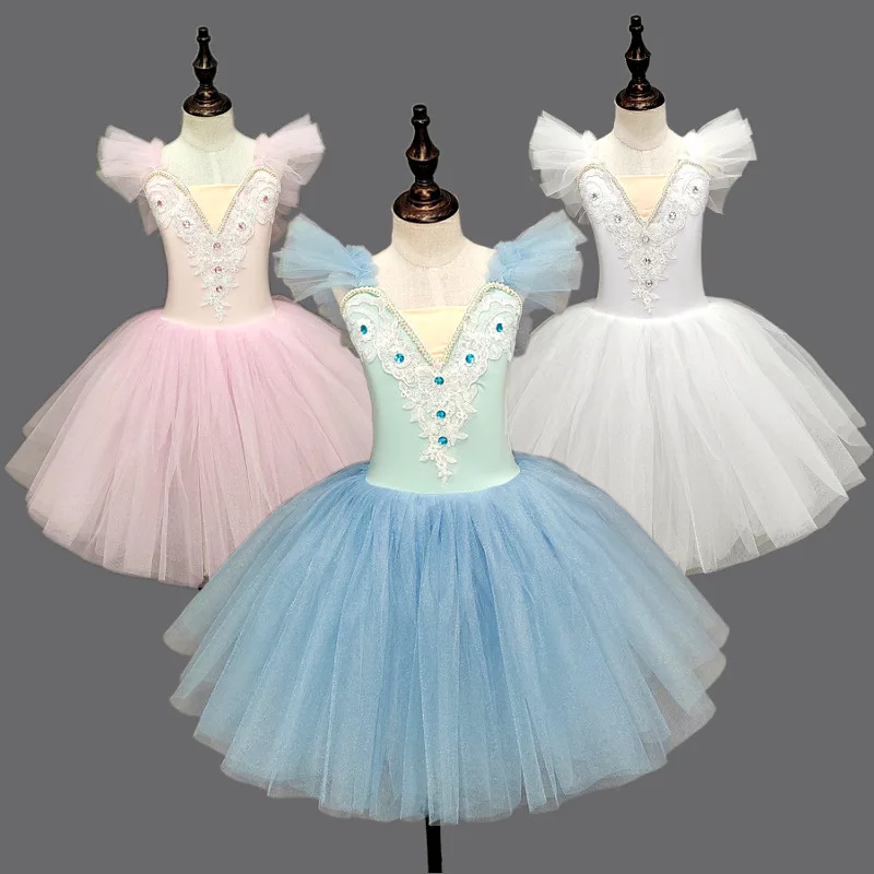 

Children girl Long Professional Balllet Tutu Pink Blue White Dress For Kids Girls Party Dance Wear Performance gauzy veil dress