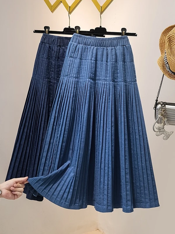 

Женская джинсовая плиссированная юбка больших размеров с высокой талией, юбка-миди трапециевидной формы, утягивающая корейская юбка для поездок на работу, чистый цвет, лето 20л