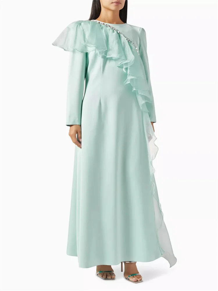 

Hot Selling Round Neckline Long Sleeves Ruffled Trim At Front Satin A-Line Evening Dress Back Zipper Floor Length Gown For Women