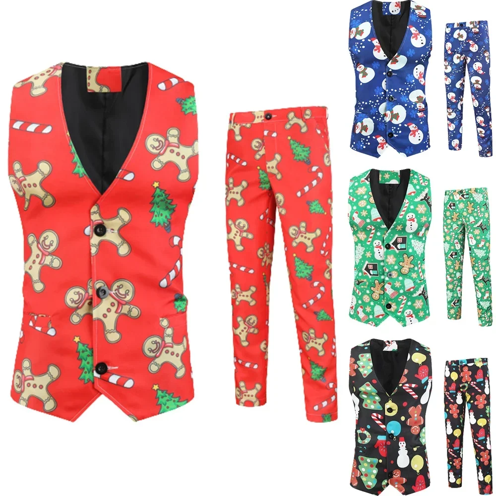 Men Fashion Christmas Printed Suit Two-piece Dress Suits (Pants + Vest) Luxury Business Casual Wedding Formal Party Classic Suit