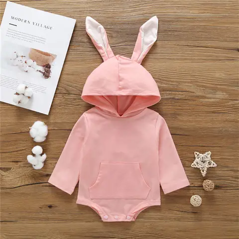 0-24months Baby Girls Hooded Romper Rabbit Ears Long Sleeve Hoodies Jumpsuits For Infant Girls