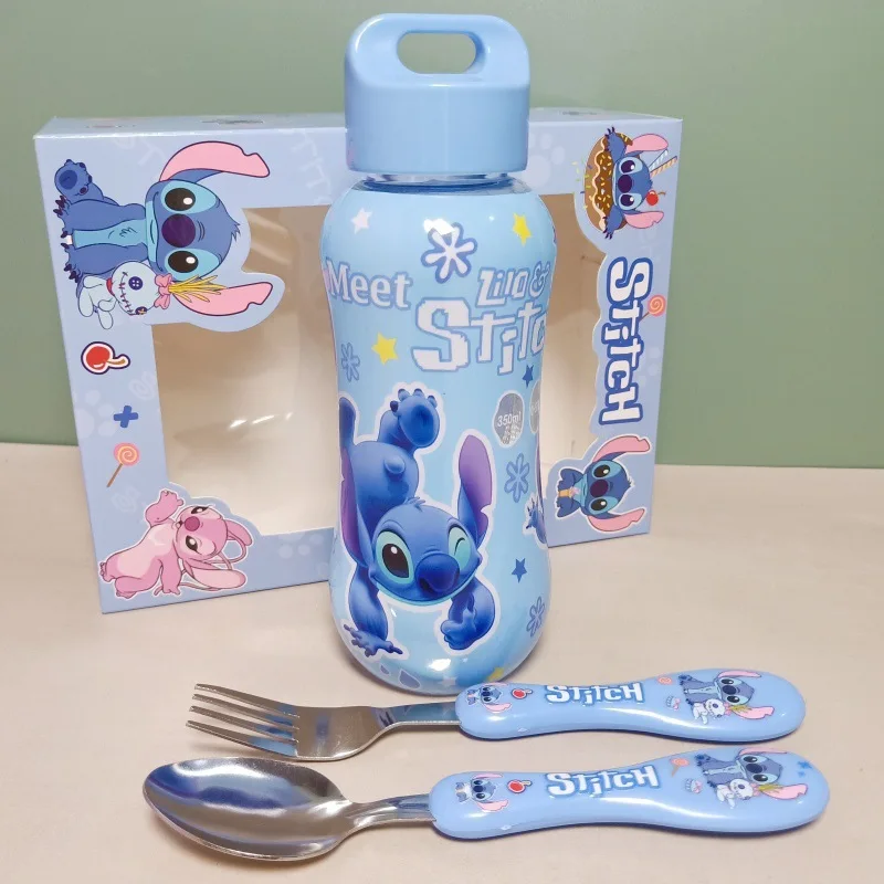 3-delige set Disney-Anime Stitch waterflesset voor kinderen, draagbaar servies, cartoon kinderlepel, vork, buiten, cadeau,