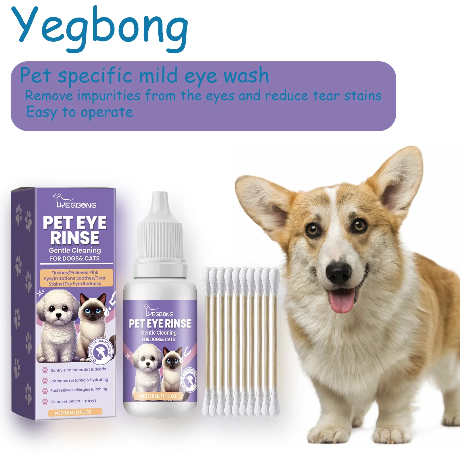 Yegbong Gotas Limpiadoras Oculares para Mascotas de 30ml para Perros y Gatos, Eliminación de Manchas de Lágrimas, Hidratante Nutritivo para la Piel, Enjuague Ocular Iluminador
