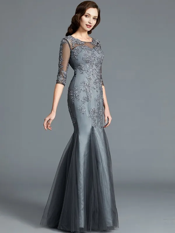 Gray Mother Of The Bride Dresses Mermaid Half Sleeves Tulle Appliques Beaded Plus Size Long Groom Mother Dresses For Wedding