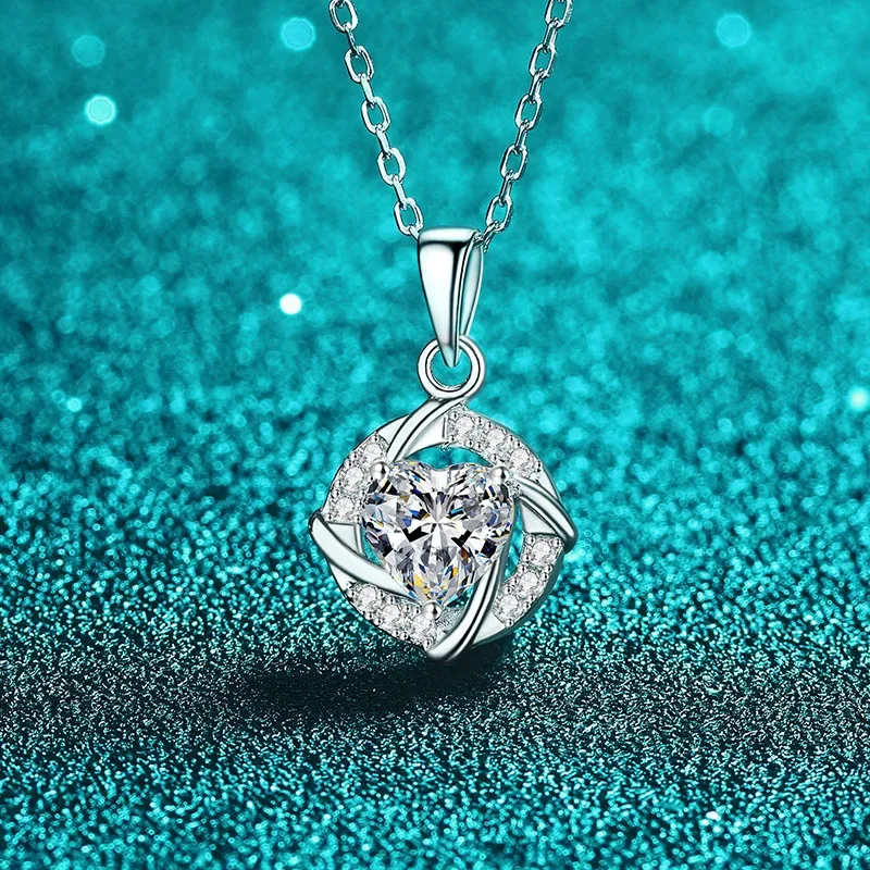 

100% 925 Sterling Silver 1CT Heart Cut Moissanite Wedding Necklace Women Collarbone Chain Jewelry Lab Diamond Pendant