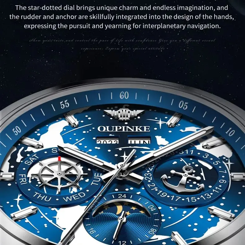 OUPINKE 3256 Orologio da uomo Luxury Brand Cielo stellato Fasi lunari Orologio impermeabile Cool Orologio meccanico automatico da uomo Orologio formale