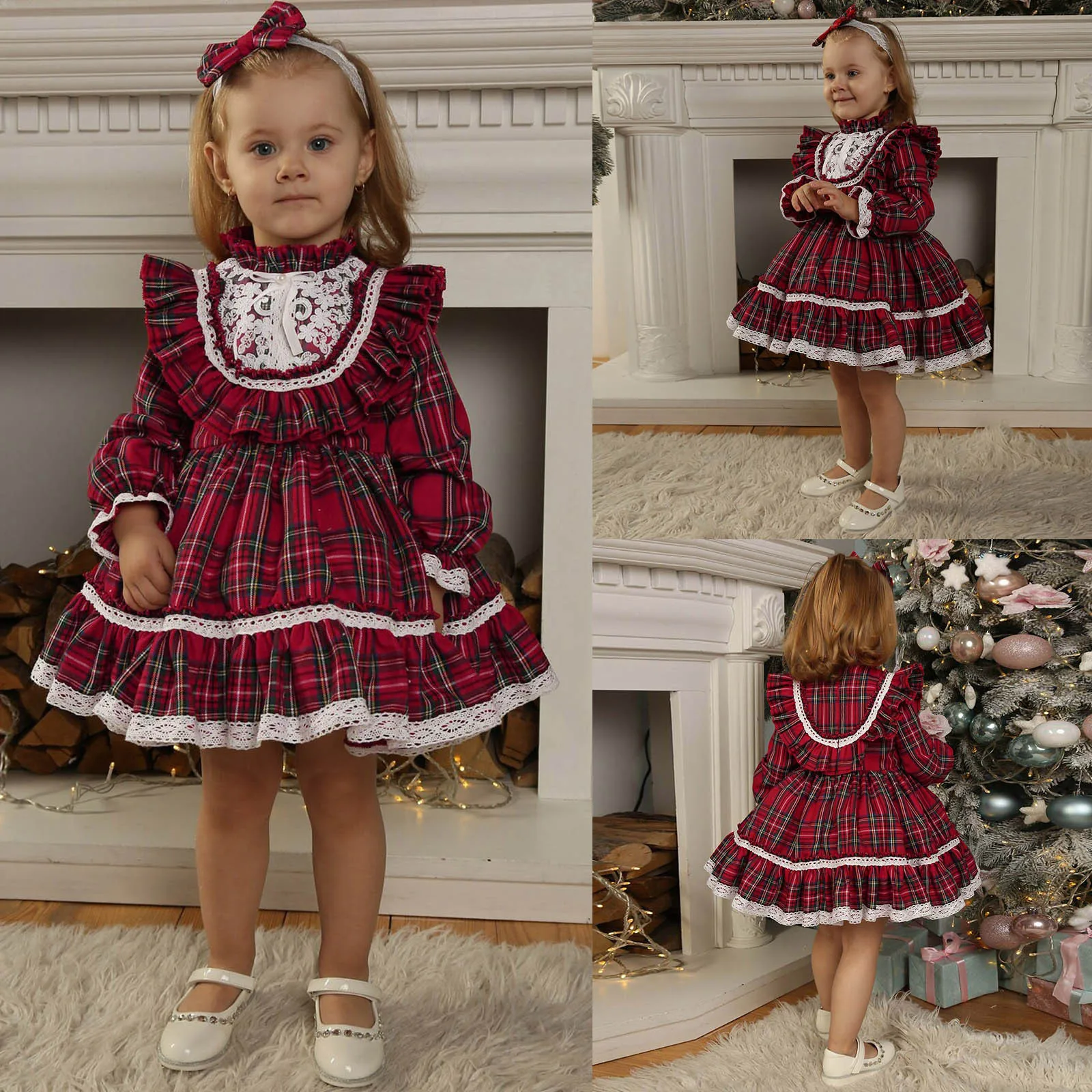 Toddler Girls Xmas Party Dress Kids Christmas Long Sleeve Lace Plaid Prints Princess Dress Ruffles Dress Formal Pageant Clothes