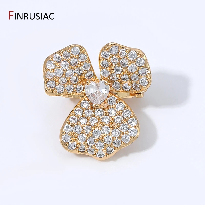 18K Gold Plated Brass 3 Petal Flower Shape Bead Separator,Zircon 2-strand Spacer Bead Clip for DIY Pearl Jewelry Accessories