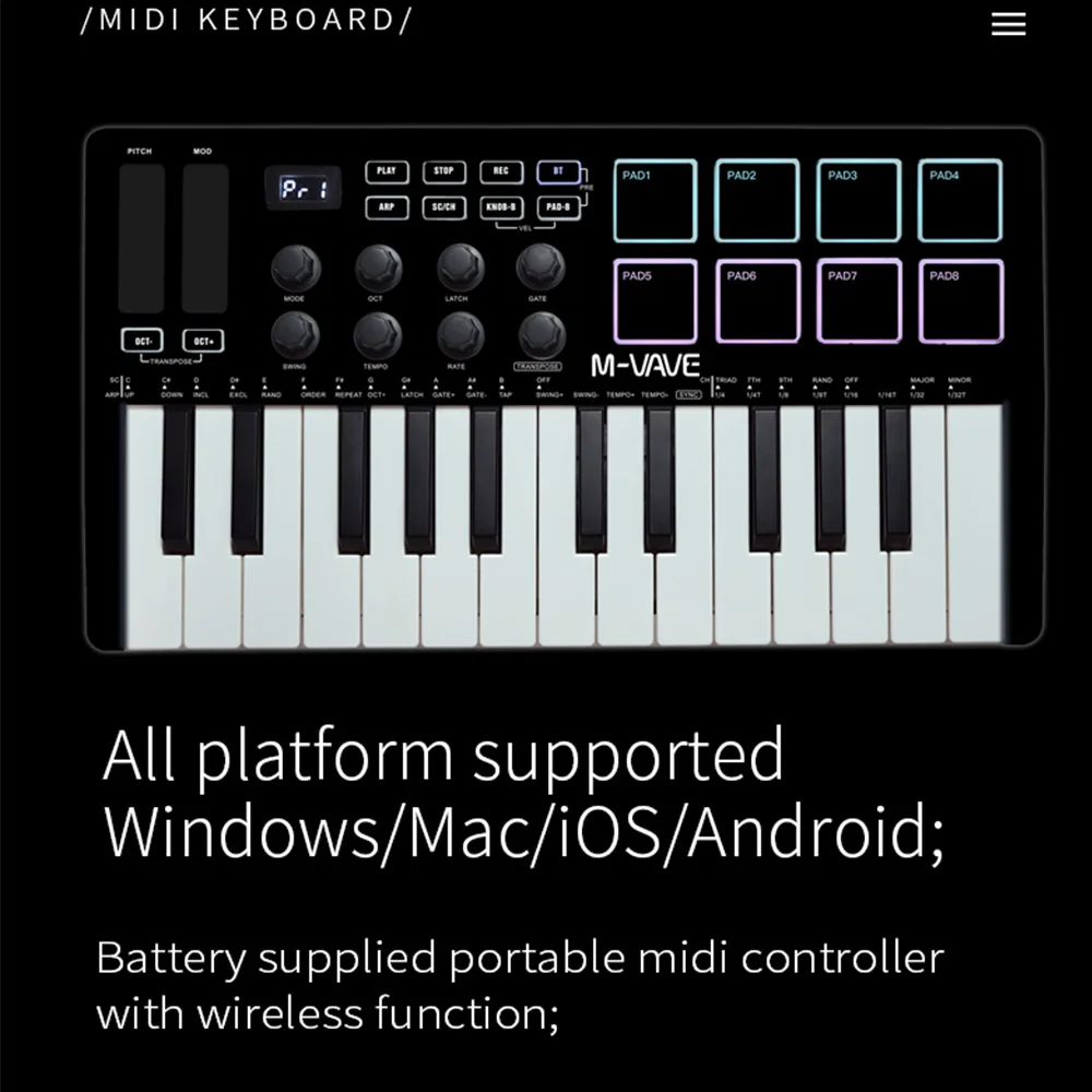 M-VAVE أسود 25-مفتاح MIDI لوحة مفاتيح تحكم صغيرة USB لوحة المفاتيح مع 25 مفتاحًا حساسًا للسرعة 8 وسادات بإضاءة خلفية RGB #3