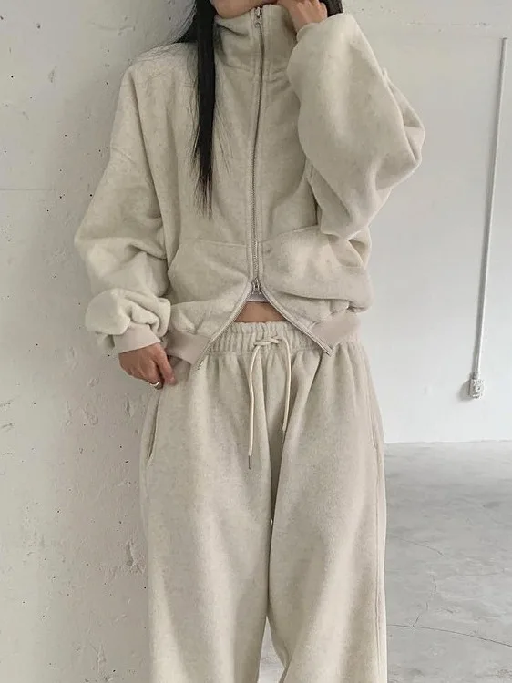 Setelan Bulu Domba Fce Dua Sisi Wanita Korea, Pakaian Musim Dingin Modis, Setelan Dua Potong, Hangat, dan Trendi