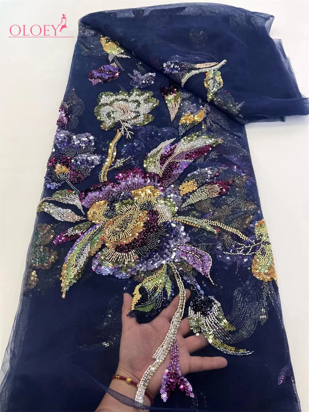 OLOEY Última Novedad en Venta, Tela de Encaje Africana de Moda, Encaje Bordado a Mano de Alta Calidad con Cuentas y Lentejuelas para Vestido de Fiesta o Boda