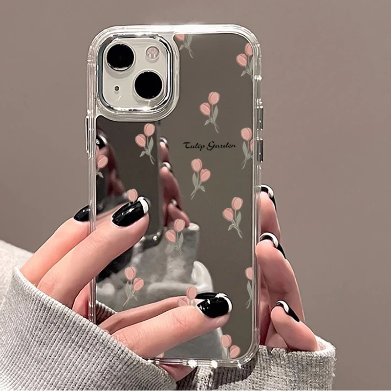 Mirror Case with Floral Tulip Cherry Pattern Phone Case for iPhone 17 16 15 14 11 12 13 Pro Max 16E Shockproof Clear Cover view 4