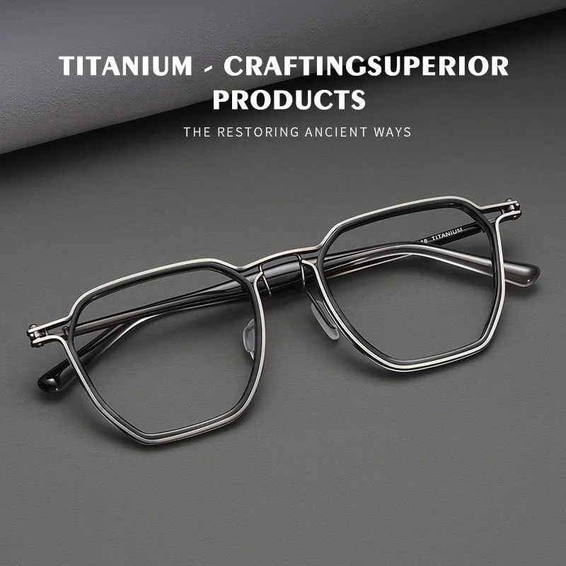CAIDERONI Large Face Frame Retro Polygonal Men's Glasses Frame Wide Face Plate Titanium 160mm Anti Blue Light Prescription Frame