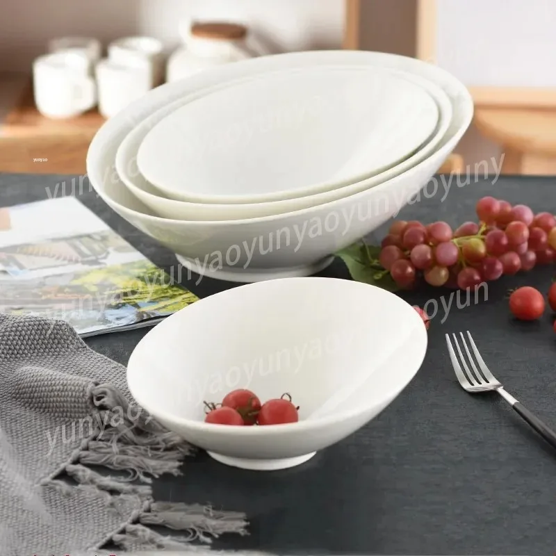 Creative Pure White Ceramic Oblique Bowl Fruit Salad Noodle Bowl Household Kitchen Tableware Simple Ceramic Desktop Decoration