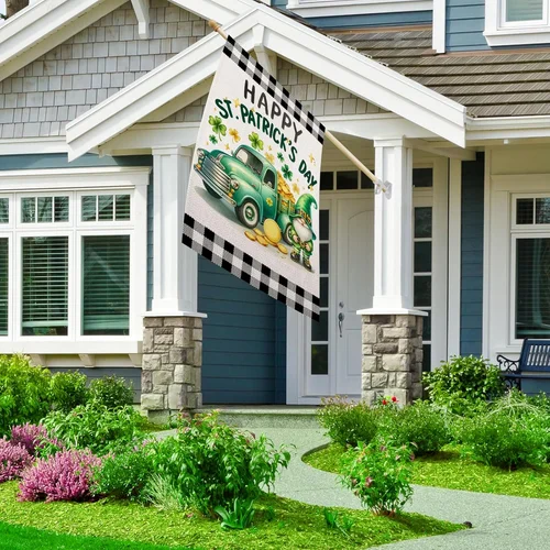 Happy St Patricks Day House Flag 28X40 Inch Double Sided Shamrocks Gnome Truck B 7445000770714 AAV hhz
