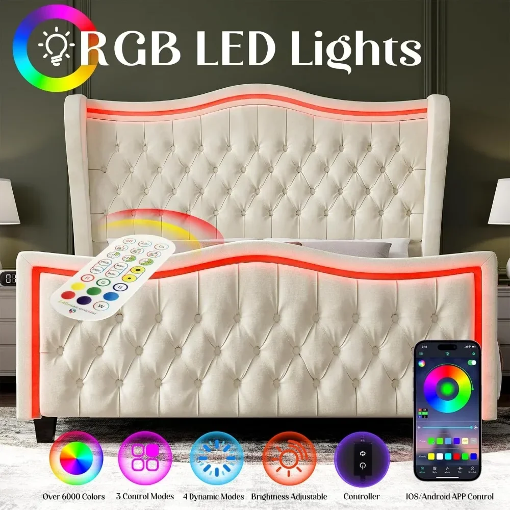 Kingsize-Bettgestell mit LED-Leuchten, 53'' gepolstertes Plattform-Flügelbett mit handgefertigtem, tiefgeknöpftem, getuftetem Kopfteil und Fußteil