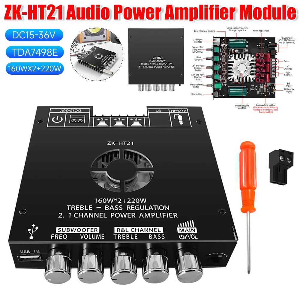 ZK-HT21 TDA7498E DC15-36V 160WX2+220W Audio Power Amplifier Module 2.1 Channel HiFi Bluetooth-Compatible Power Amplifier Module