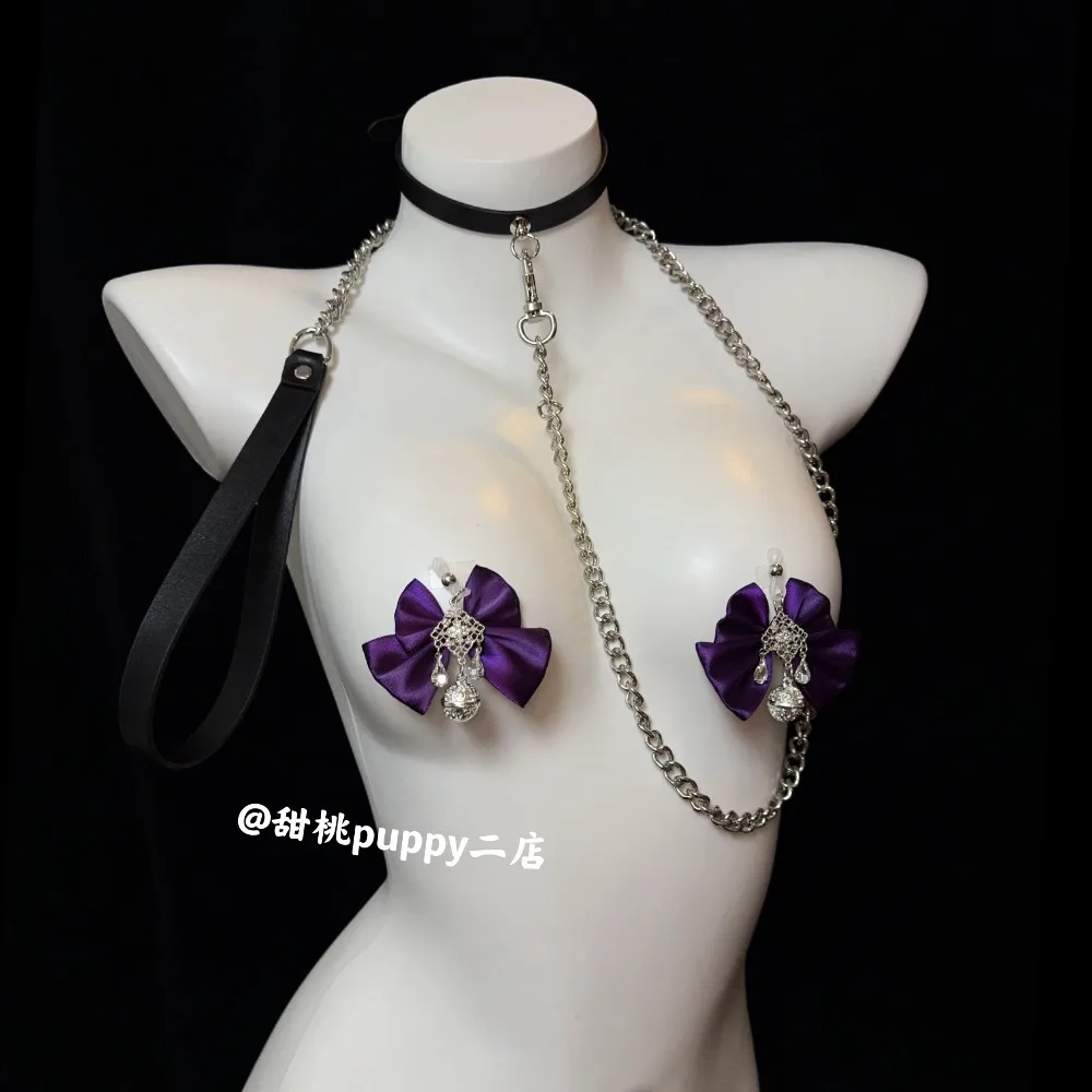 مجموعة صنم BDSM مع قلادة جلدية ومشابك للحلمة، سلسلة جسم قابلة للإزالة بعقدة على شكل فيونكة أرجوانية، مشابك سيليكون قابلة للتعديل للنساء #6