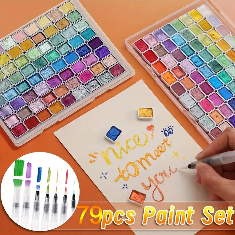 72-Color Pearl Watercolor Pigment With 7Water Pen Set - Vibrant Solid Colors for Traditional Chinese Painting