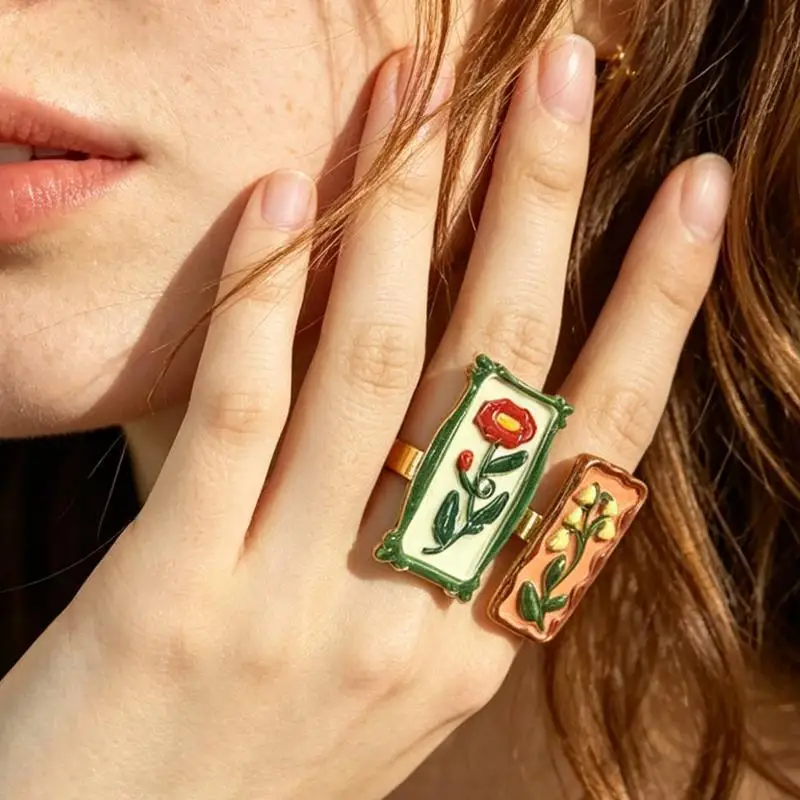 New Embossed Flower Geometric Adjustable Ring New Elegant Retro Bohe Finger Ring Women's Daily Jewelry Accessories Gift