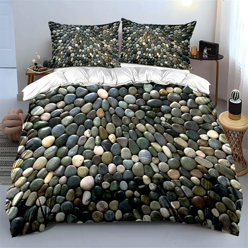 Natural Grey Pebble Stone Texture Bedding Set 3pcs, Rock Gravel Print 1 Duvet Cover And 2 Pillowcase Modern Minimalist Bed Linen