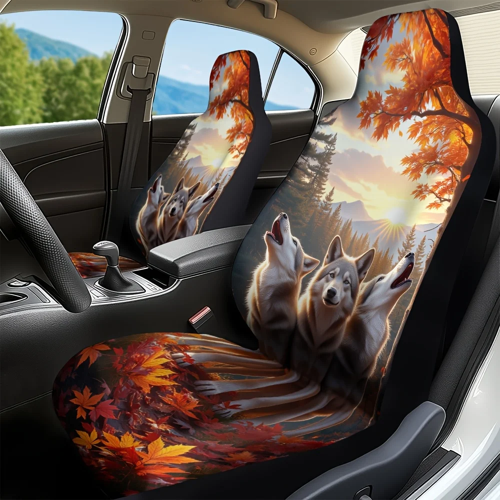 2pcs Autumn Wolf Car Seat Covers - Soft Washable Polyester, Modern Elegant Design With Fall Foliage & Howling Wolves, Fit For SU