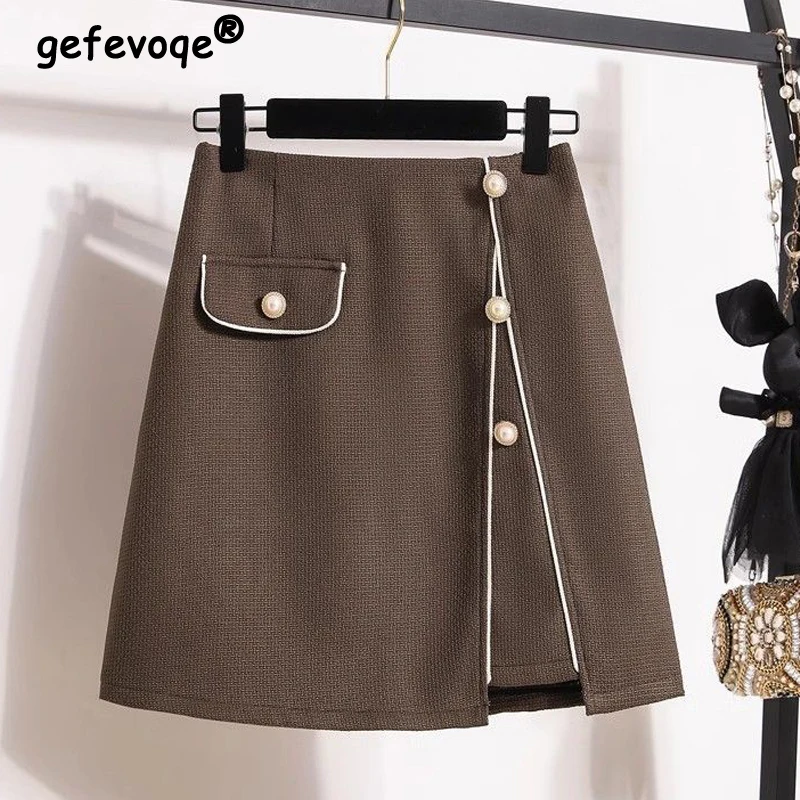 Spring Autumn Women Korean Fashion Luxury Chic Beaded Slim A-line Skirts Female High Waist Elegant Irregular Mini Skirt Faldas