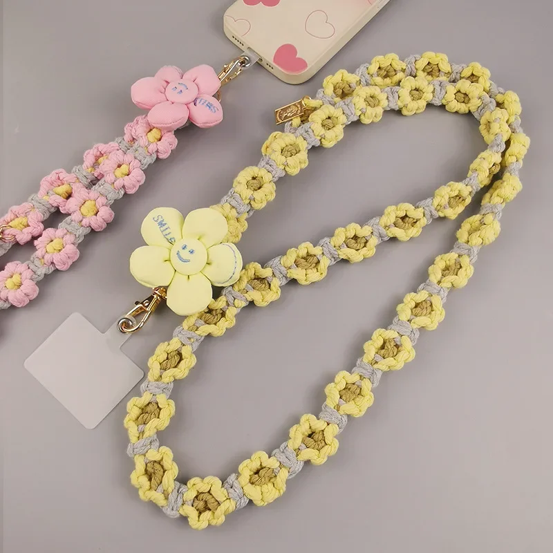 New Handmade Woven Daisy Flower Phone Lanyard Outdoor Universal Crossbody Necklace Cord Chain Anti-lost Wrist Strap Charm Chain