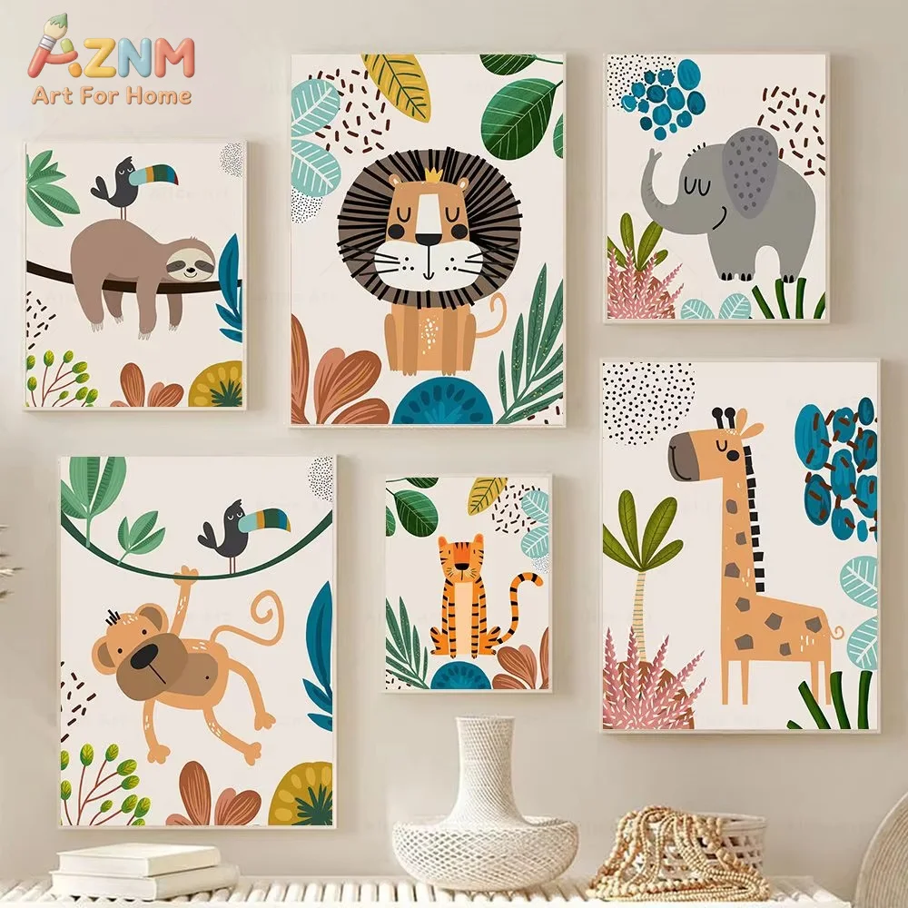 1pc Boho Monkey Lion Giraffe Bird Zebra Elephant Botanical Nursery Posters Wall Art Print Canvas Painting Kids Room Home Decor