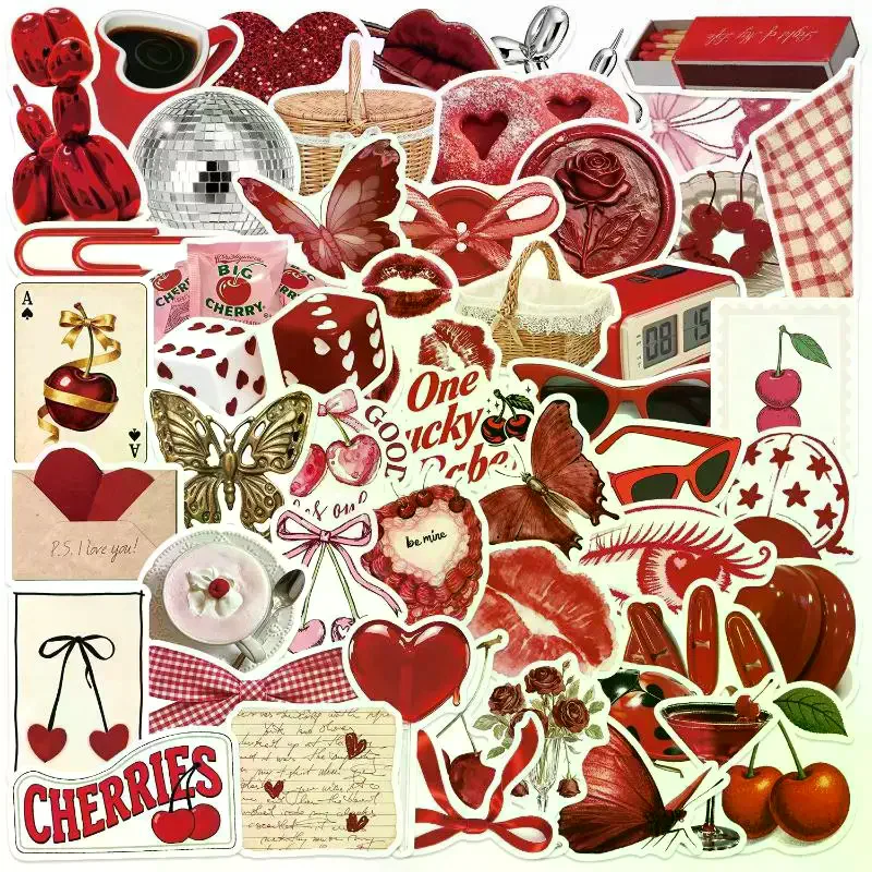 50PCS Y2K Aesthetic Cherry Stickers Laptop Guitar Suitcase Journal Phone Case Diary Notebook Doodle Decals Decor Gift