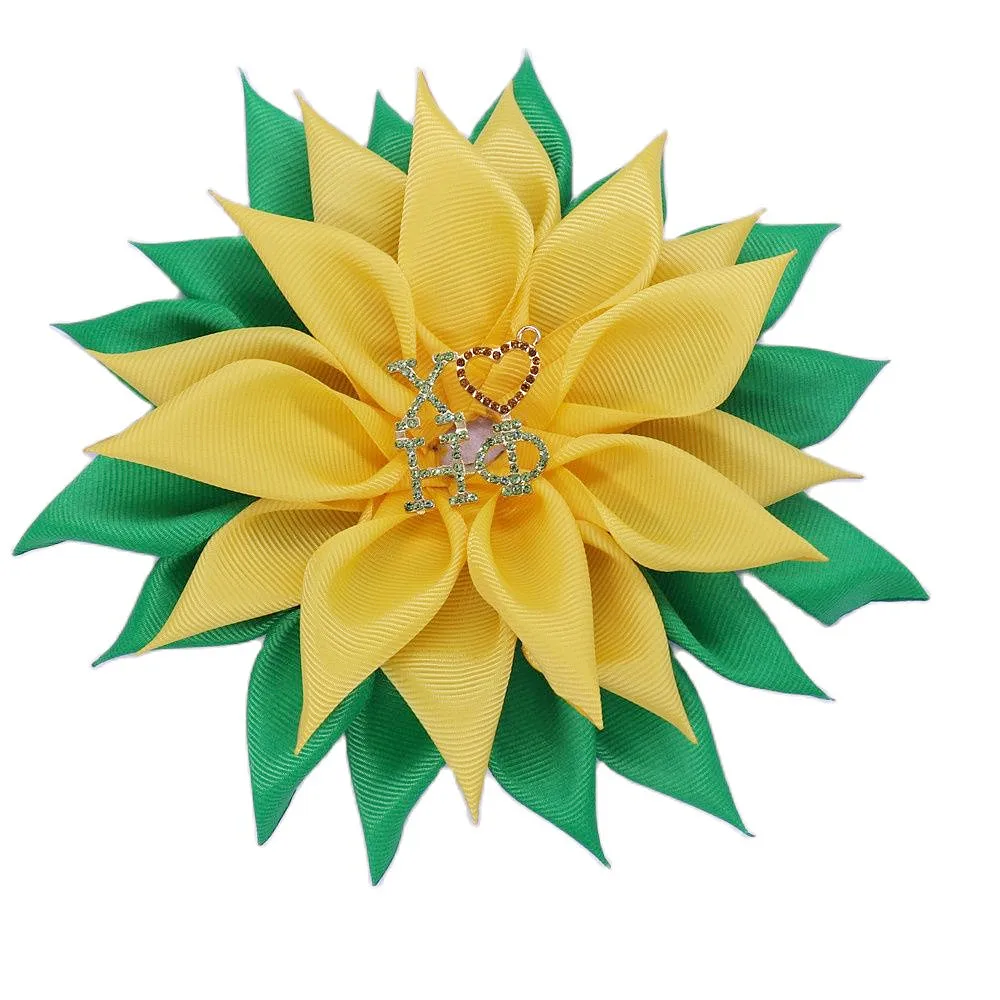 Top Quality Great Sun Flower Corsage Ribbon Green Yellow Diamond 1932 XHO Pin Soror Letter CHI ETA PHI Social Brooch