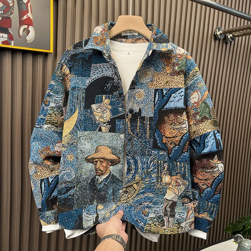 2026 summer Men's Loose cartoon pattern casual Jacket men Single Breasted turndown Collar Printed Coat man youth top Size M-4XL