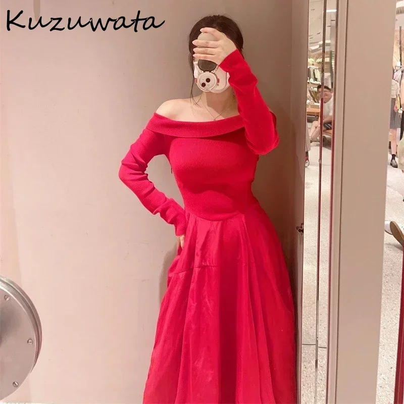 Kuzuwata Slash Neck Long Sleeve Sweet Dress Elegant Slim Fit Patchwork Zip Pullover Vestidos Japan Knit Ball Gown Femme Robe