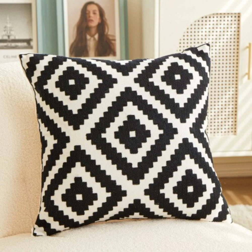 CIFBUY Geometric Plaid Embroidered Cushion Cover 45x45cm Soft Cotton Canvas Solid Color Decorative Throw Pillow Case for Home