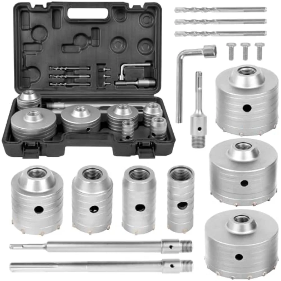 

PCS Concrete Hole Saw Kit with 2 Drill Bits SDS Plus and Max Shank Masonry Hole Saw Kit Size 30-1MM Brick Cement Block Concrete