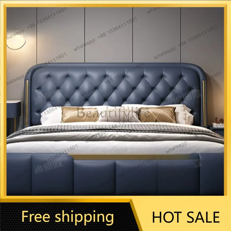 LSLuxury genuine leather master double bed stylish Italian soft upholstered storage wedding bed bedroom modern furnishing decor