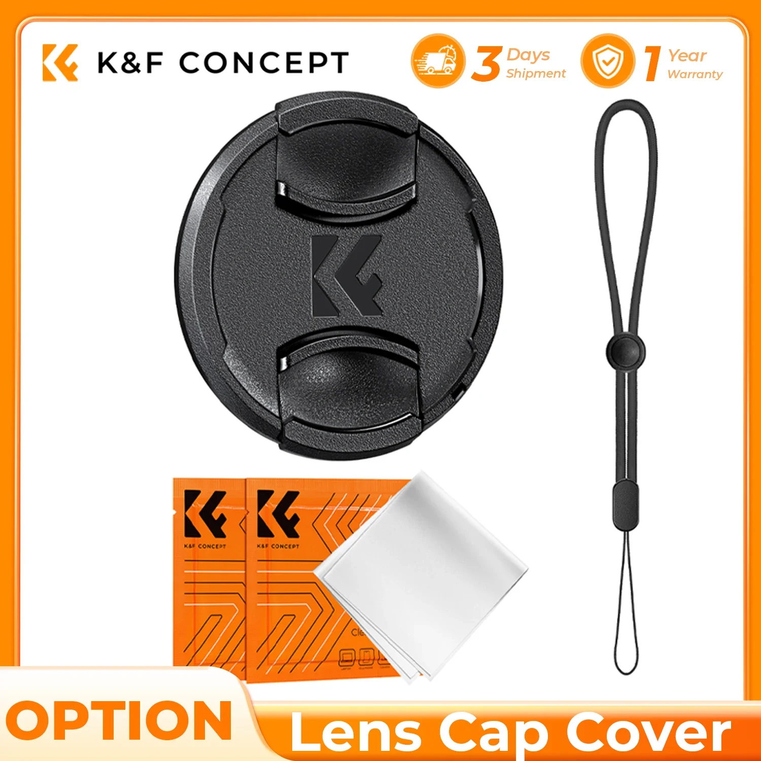 K&F CONCEPT Lens Cap Cover 4-in-1 Center Pinch Cover  for Nikon Canon Sony Anti-Loss Keeper Leash Microfiber Cleaning Cloth Kits