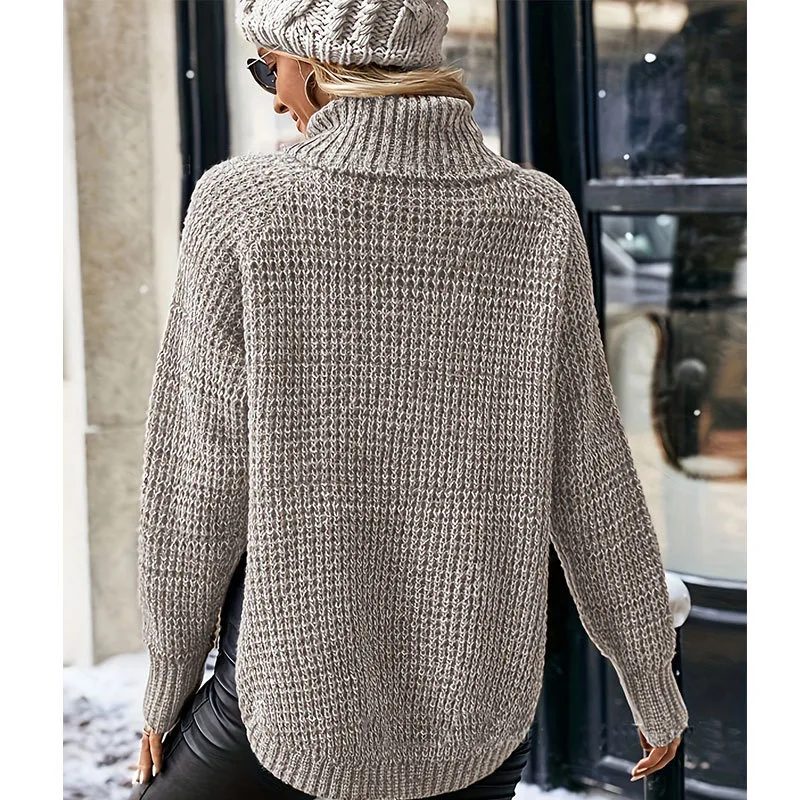 2025 Autunno e Inverno Moda Nuove donne Elegante maglione diviso lavorato a maglia Spessore allentato Collo alto Caldo retro Felpa con cappuccio in lana
