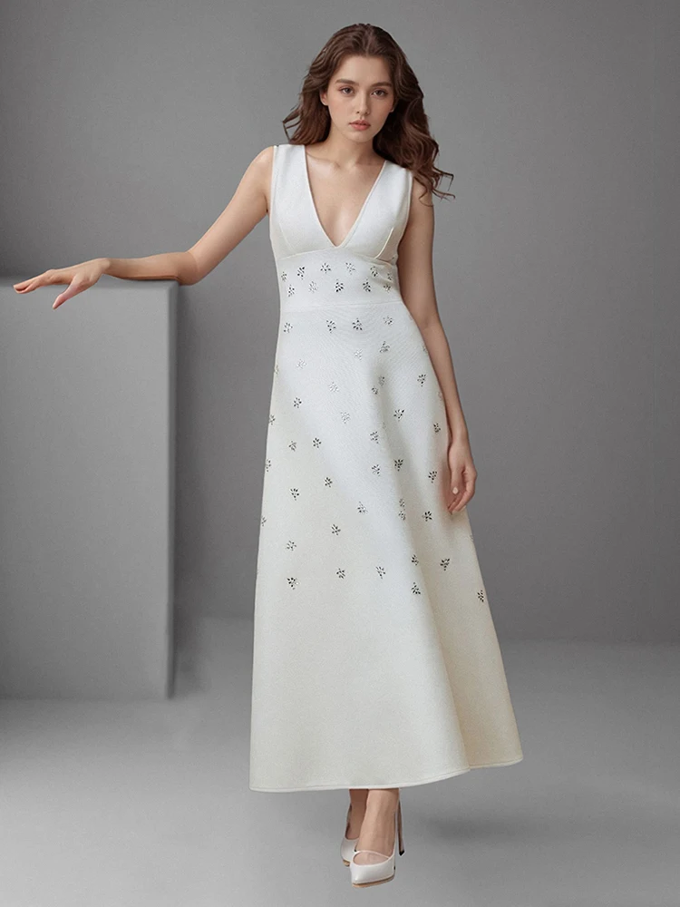 

Sexy Deep V Neck Rhinestone Bandage Long Dress Women White Sleevless Diamonds A-line Dresses Evening Party Cocktail Gowns