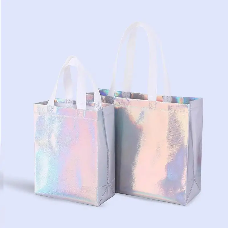Iridescent Holographic Gift Bags with Handles Sturdy Non-Woven Shopping Bags for Corporate Events Employee Welfare Gift Packagi