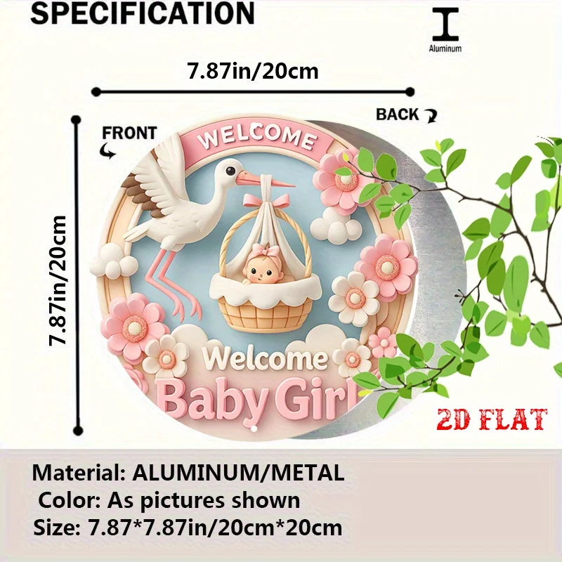 2D Flat 1pc Pink Flowers Round Aluminum Sign, Stork Delivery Metal Tin Sign, Welcome 7.8X7.8Round Aluminum Sign - Baby Girl Meta