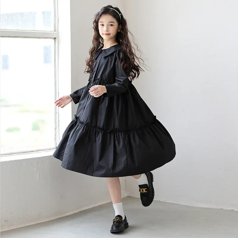 2024 Girl Clothes New korean Black Dense Edge Stitching Loose Dress Middle and Big Kids Start Shirt Collar Long Costumes Autumn