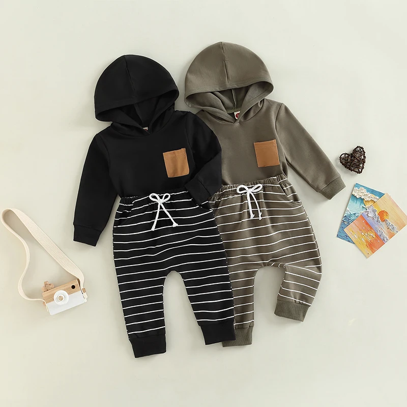 2022-09-02 Lioraitiin 0-4Years Toddler Baby Boys Pants Set Long Sleeve Hooded Patchwork Hoodie Striped Sweatpants Fall Outfit