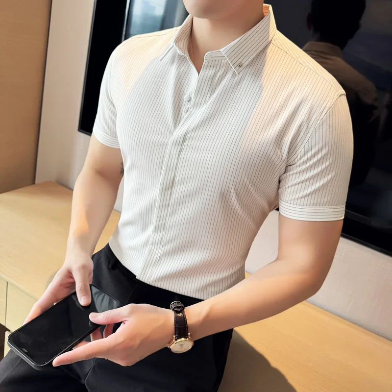 

Business Casual Men Short-sleeved Striped Shirt, Slim-fit Collar Dress Shirt, High-quality for 2024.Youth Self-cultivation Top.