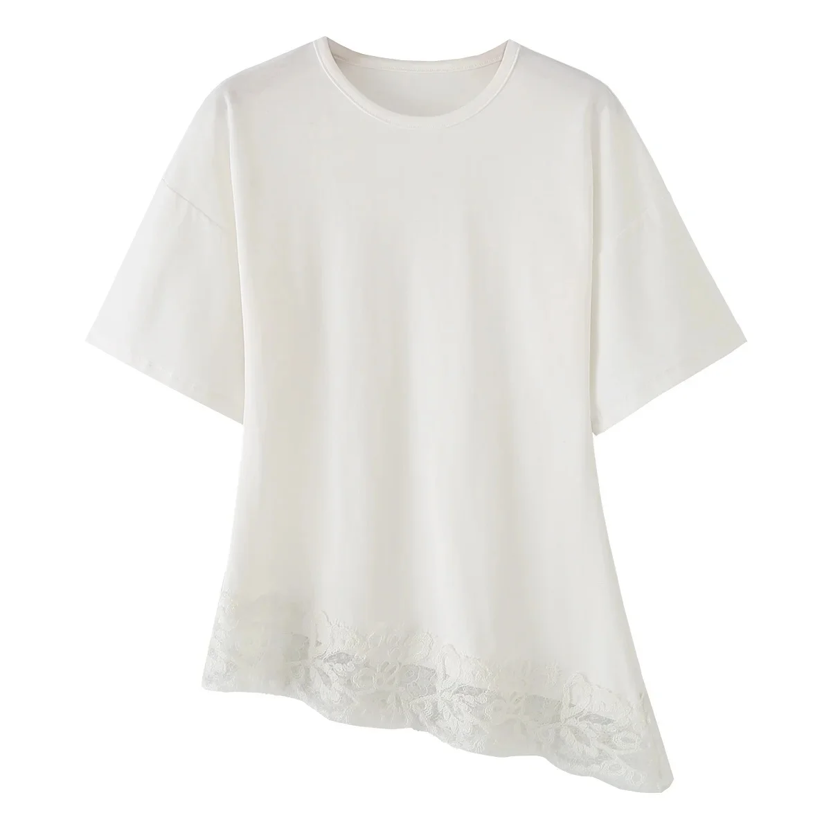 KONDALA Streetwear Casual Chic Vrouwen Top Kant Asymmetrische Korte Mouw O-hals Top Mode 2026 Zomer Lente Vakantie ElegantTop