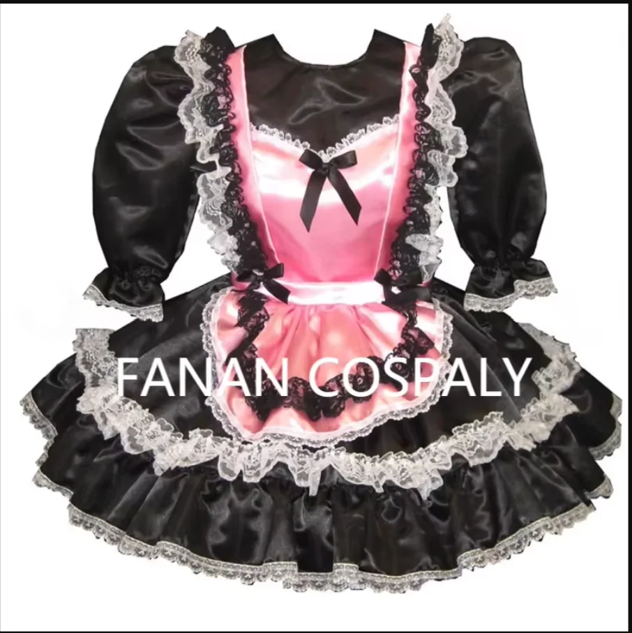 Vestido Sissy de satén fino negro para niña, delantal rosa, vestido de baile de juego de rol para bebé gigante adulto, personalización gótica