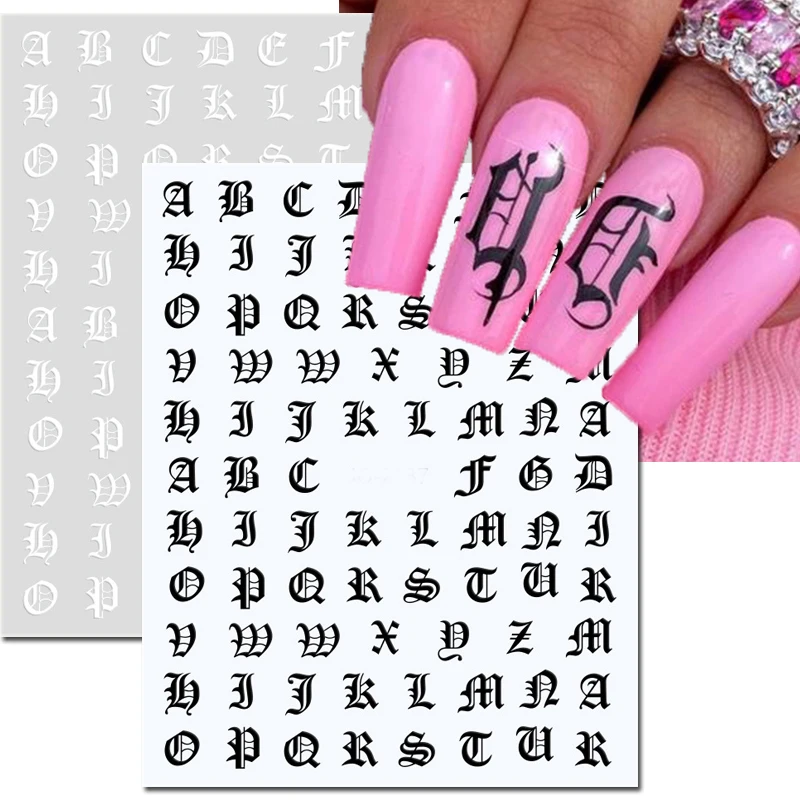 Nail Art 3d Stickers Black White Old Font English Numbers Letters Adhesive Sliders Nail Decals Decoration Manicure