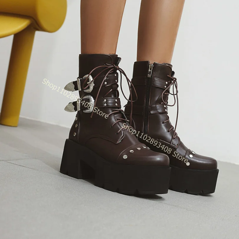 Rivet Buckle Decor Platform Boots Cross Band Solid Side Zipper Leather Chunky Heel Women Autumn Shoes 2023 Zapatos Para Mujere