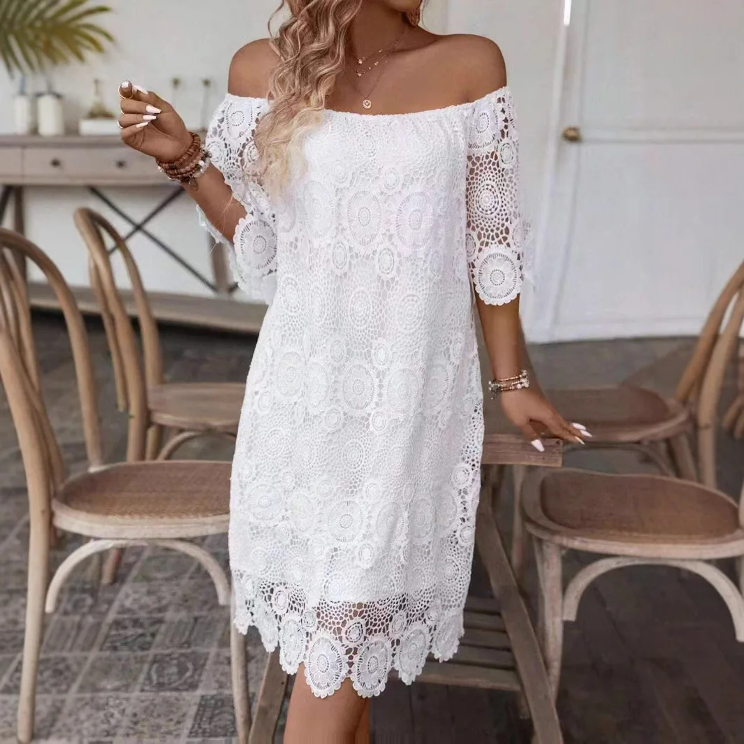 2025 Romantico abito in misto cotone con spalle scoperte Pizzo floreale Midi Vita smock Traspirante Manica a 3/4 Resort Invitato a un matrimonio A-Line
