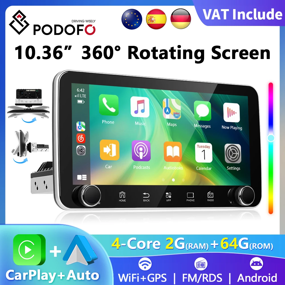 Podofo "1din راديو السيارة CarPlay أندرويد السيارات للتدوير مشغل وسائط متعددة 1 DIN نظام ملاحة GPS نظام راديو السيارة الذكي #1